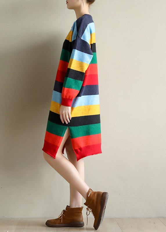 Christmas Rainbow Striped Sweater Knit Top Pattern Moda Side Open Oversized Spring Knitted Tops