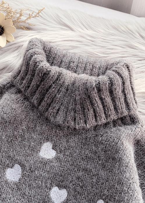 Chunky Gray Heart Print Knit Tops Oversize High Neck Patchwork Knitted Top