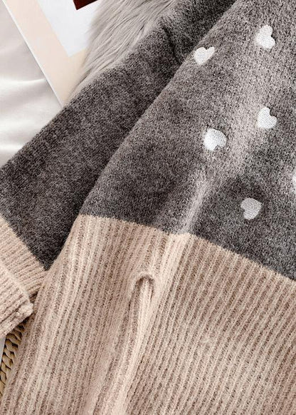 Chunky Gray Heart Print Knit Tops Oversize High Neck Patchwork Knitted Top
