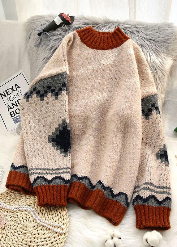Chunky Beige Knitted Top Patchwork Clothing Spring Knit Tops