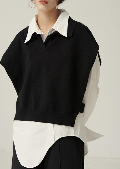 Chunky Black Knitwear Clothing Lapel Sleeveless Tops