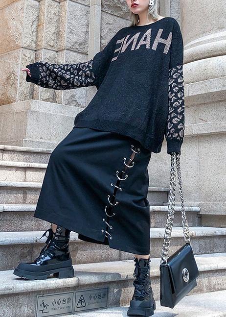 Chunky Black Print Knit Tops Clothing O Neck Patchwork Knit Tops