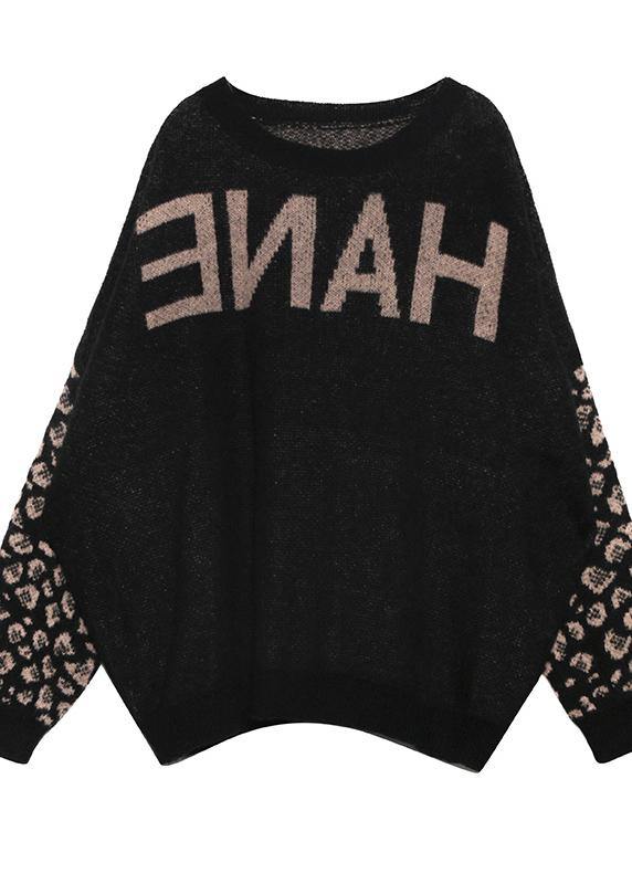 Chunky Black Print Knit Tops Clothing O Neck Patchwork Knit Tops