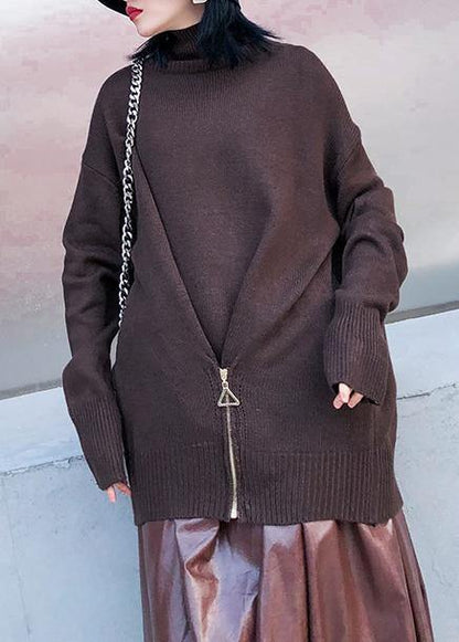 Chunky Chocolate Crane Tops High Neck Batwing Sleeve Knitwear