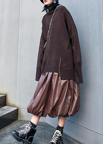 Chunky Chocolate Crane Tops High Neck Batwing Sleeve Knitwear