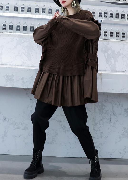 Chunky Chocolate Knit Sweat Tops Fall O Neck False Two Pieces Tops