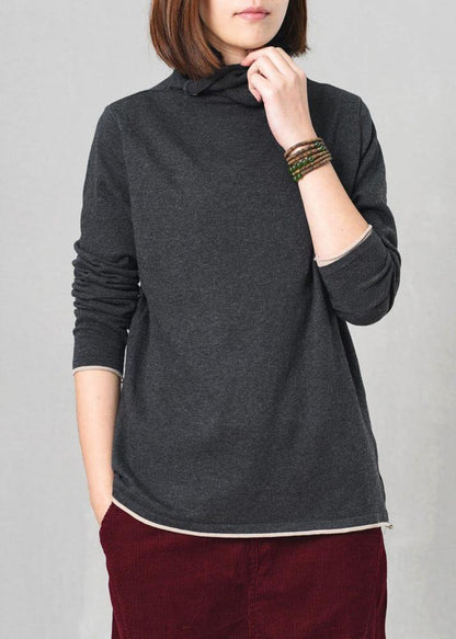 Chunky Dark Gray Knit Blouse Oversize High Neck Sweaters Fall
