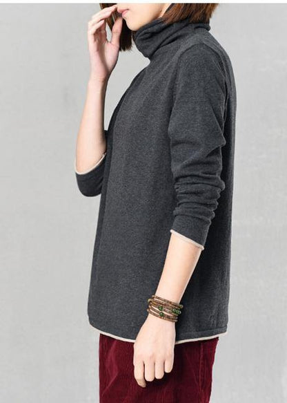 Chunky Dark Gray Knit Blouse Oversize High Neck Sweaters Fall