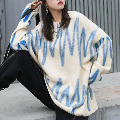 Chunky Fall Beige Striped Knitted Blouse Loose Fitting O Necksweater Blouse