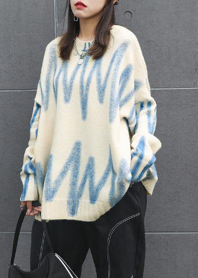Chunky Fall Beige Striped Knitted Blouse Loose Fitting O Necksweater Blouse