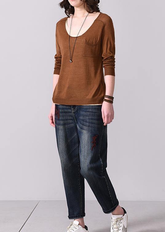 Chunky False Two Pieces Knitted Blouse Fall O Neck Sweater Brown
