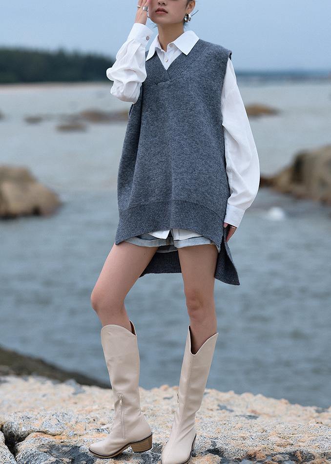 Chunky Gray Knit Blouse V Neck Low High Design Fall Knit Tops
