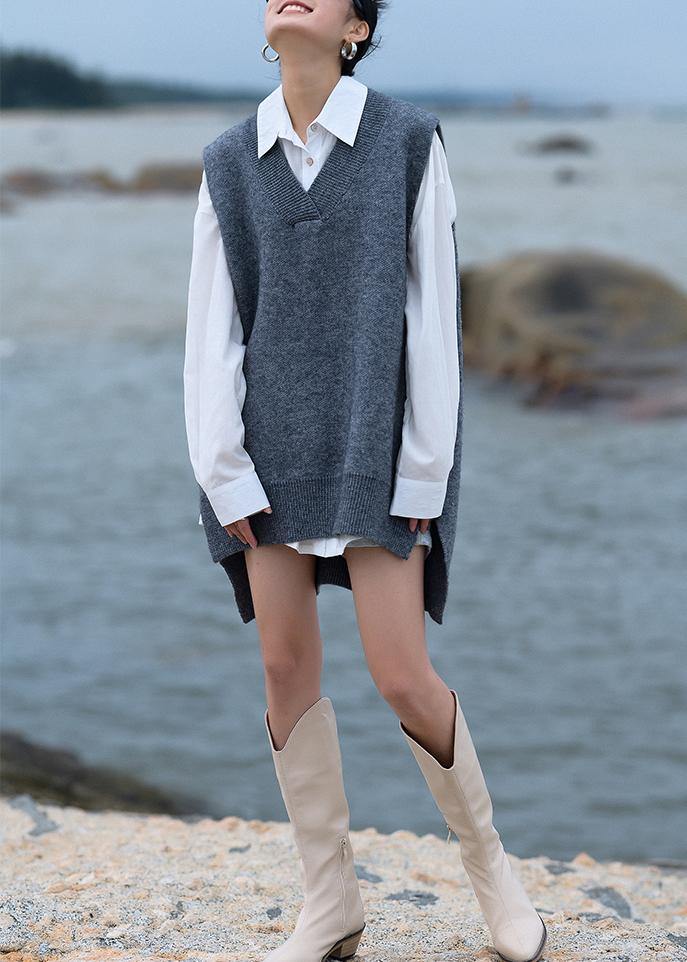 Chunky Gray Knit Blouse V Neck Low High Design Fall Knit Tops