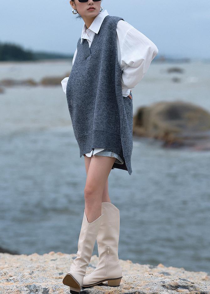 Chunky Gray Knit Blouse V Neck Low High Design Fall Knit Tops