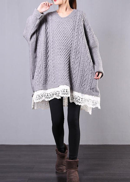 Chunky Gray Sweaters Clothing O Neck Batwing Sleeve Knit Tops