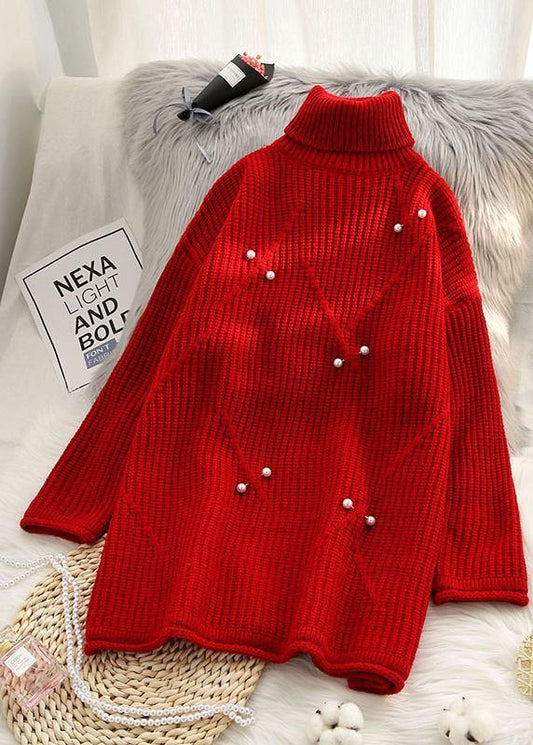Chunky High Neck Red Sweaters Rivet Knit Top Silhouette