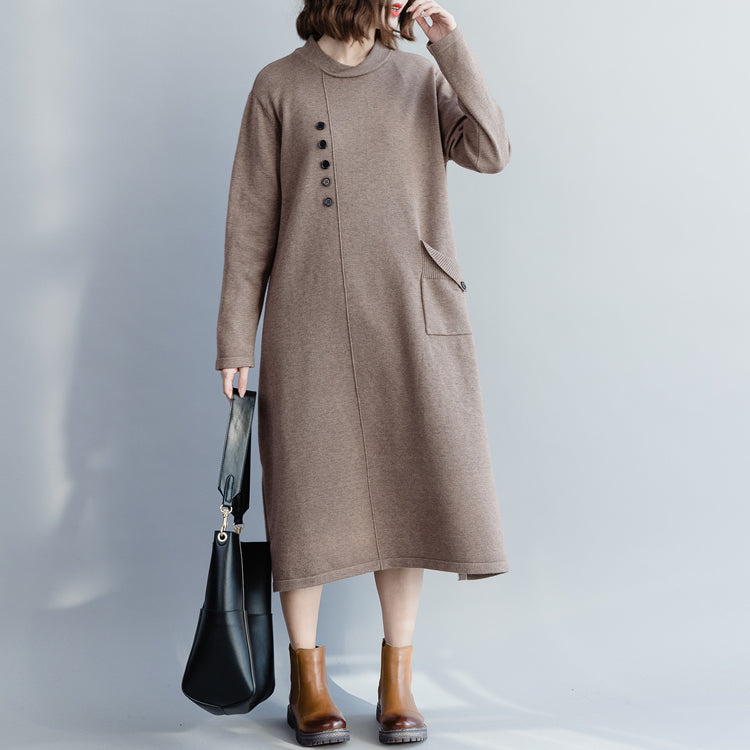 Chunky Khaki Sweater Wardrobes Street Style Big O Neck Pockets Knit Dress