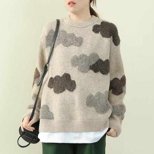 Chunky Khaki Cloud Knit Top Silhouette O Neck False Two Pieces Knit Tops
