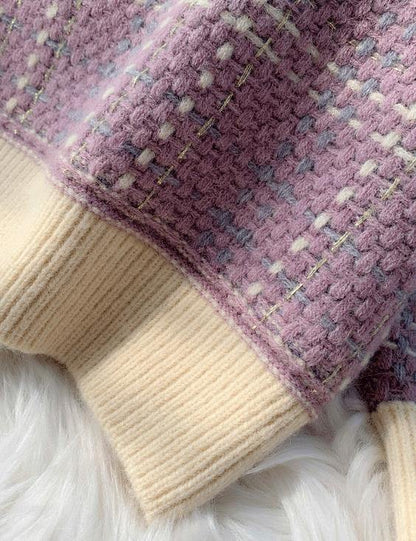 Chunky Light Purple Plaid Knitted Blouse O Neck Patchwork Top