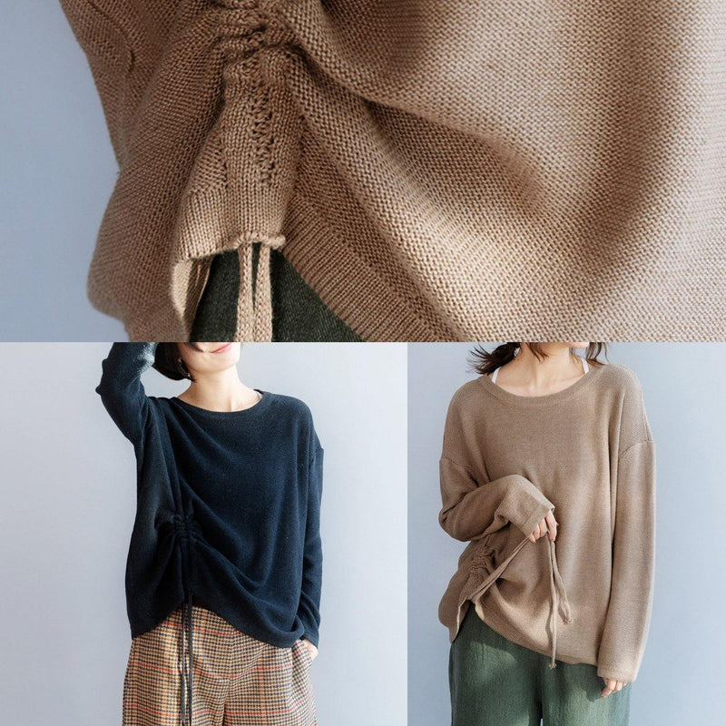 Chunky O Neck Khaki Knit Sweat Tops Fall Drawstring Knit