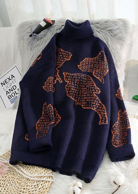 Chunky Orange Crane Tops High Neck Oversize Wild Knitwear