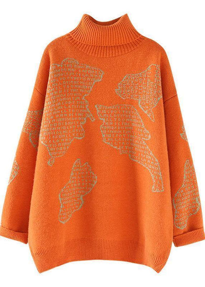 Chunky Orange Crane Tops High Neck Oversize Wild Knitwear