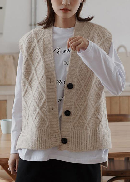 Chunky Sleeveless Beige Knitwear V Neck Knit Blouse