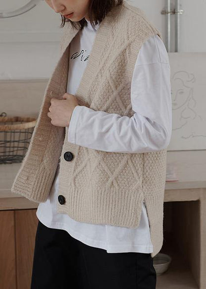 Chunky Sleeveless Beige Knitwear V Neck Knit Blouse