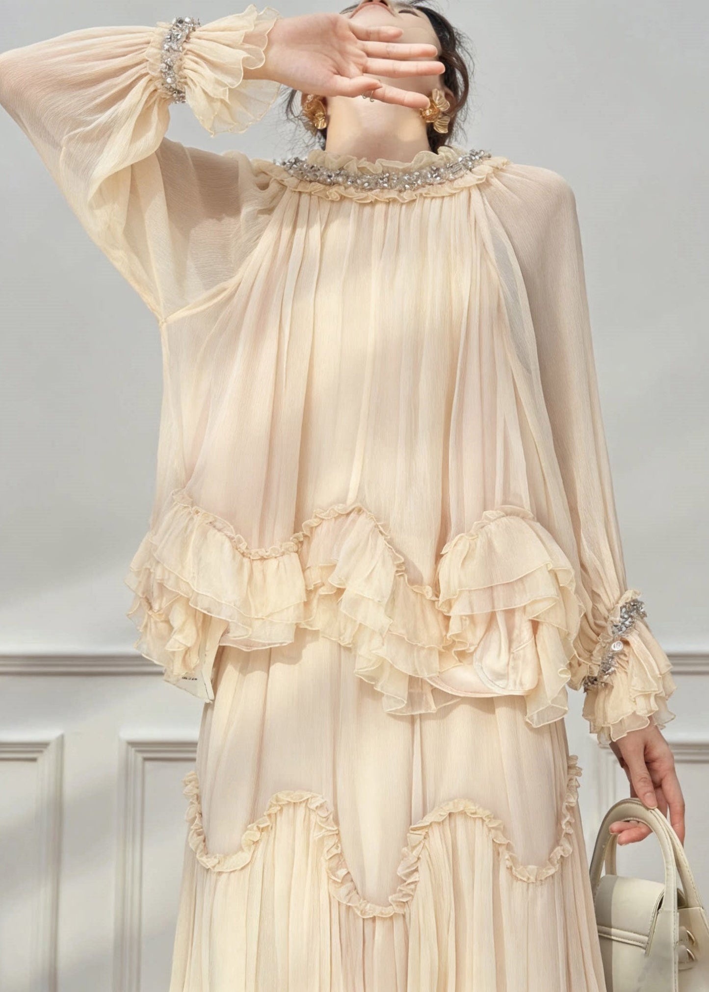 Classy Apricot Turtleneck Wrinkled Silk Shirt and Maxi Skirts Spring