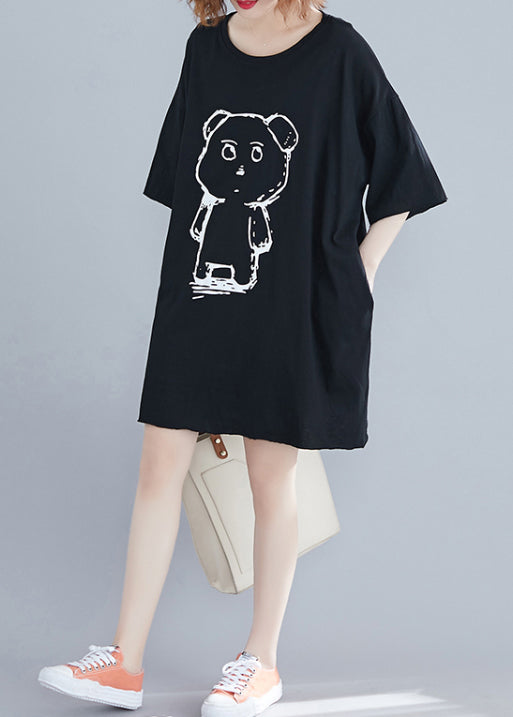 Classy Black O-neck Bear Print Cotton Mid Dresses Summer