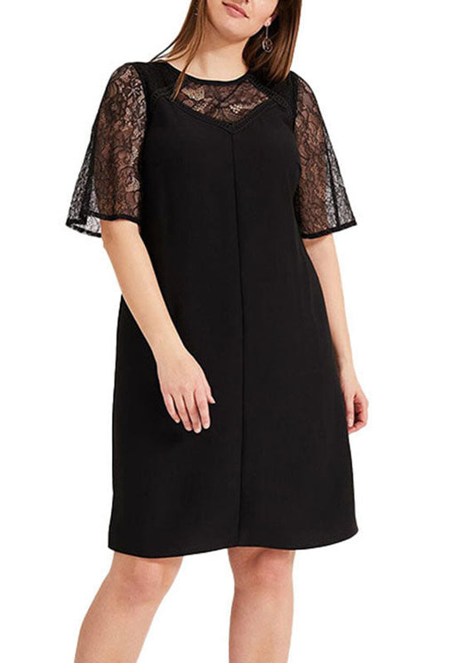 Classy Black O-neck Hollow Out Lace Patchwork Knit Mid Dress Short Sleeve