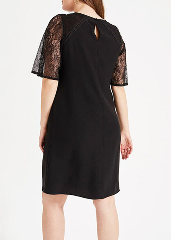 Classy Black O-neck Hollow Out Lace Patchwork Knit Mid Dress Short Sleeve