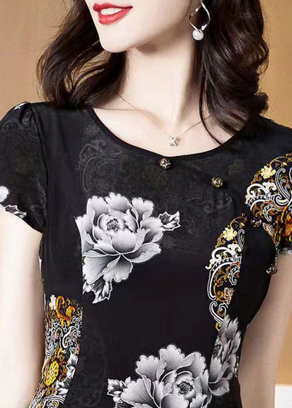 Classy Black O-neck Print Layered Design Silk Holiday Dress Short Sleeve