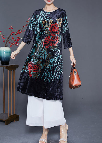 Classy Black O-neck Print Silk Velour Mid Dress Bracelet Sleeve
