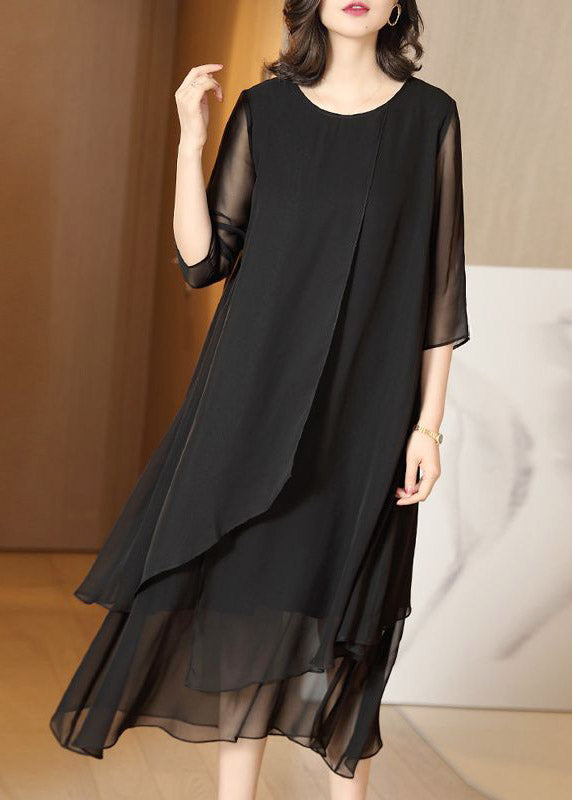 Classy Black O-neck Tulle Patchwork Chiffon Maxi Dress Summer