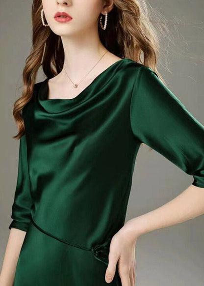 Classy Black Tie Waist Silk Long Dress Half Sleeve