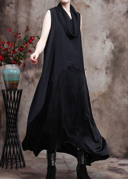 Classy Black Silk Dress Tunics Patchwork Vestidos De Lino Dress