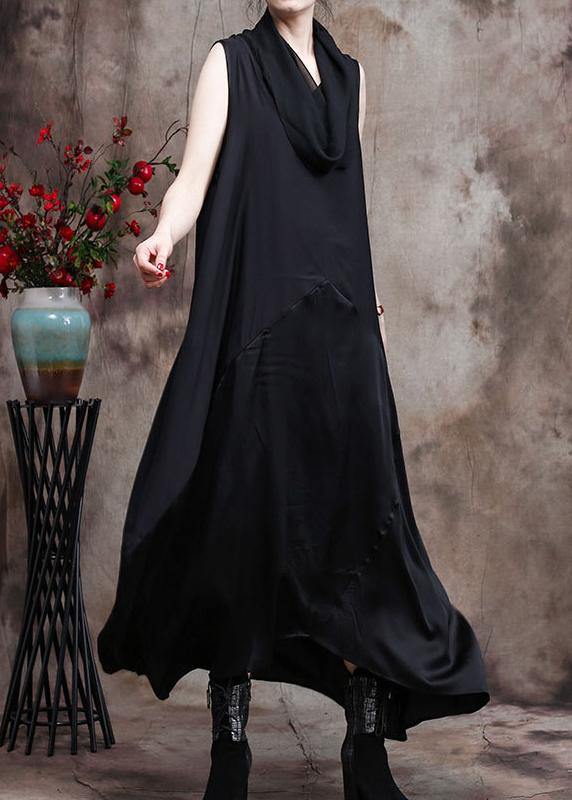 Classy Black Silk Dress Tunics Patchwork Vestidos De Lino Dress