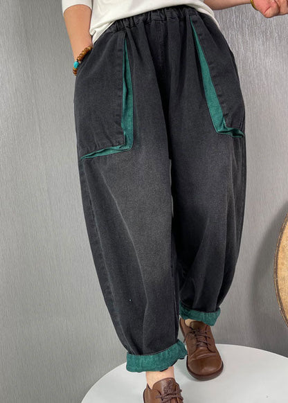 Classy Black Elastic Waist Pockets Denim Pants Spring