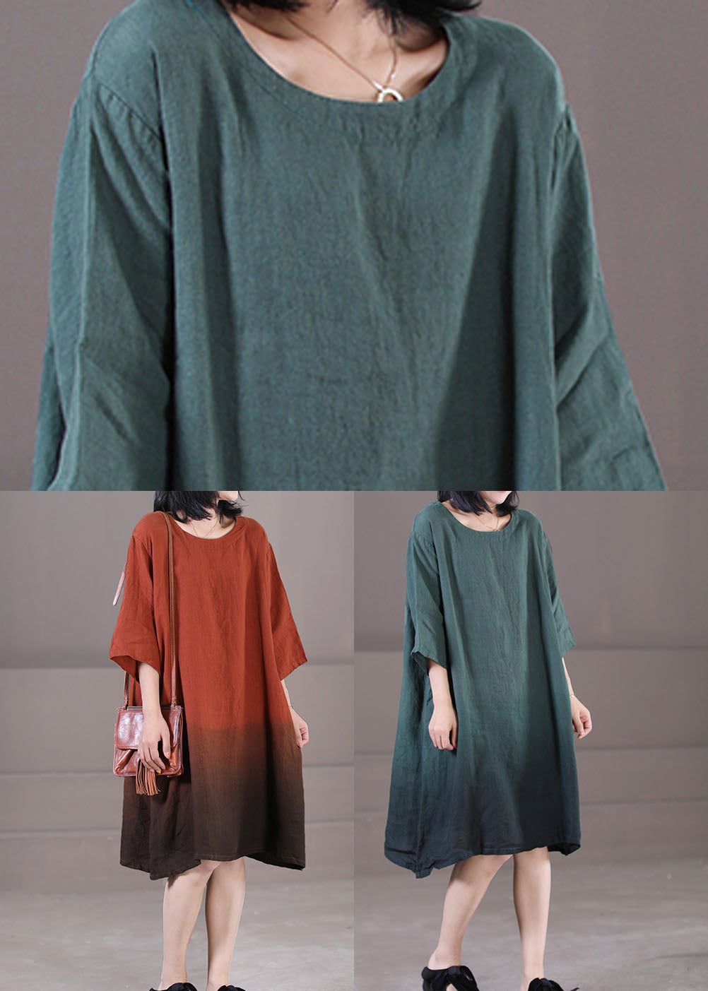 Classy Blackish Green O-neck Tie Dye Cotton Maxi Dresses Half Sleeve