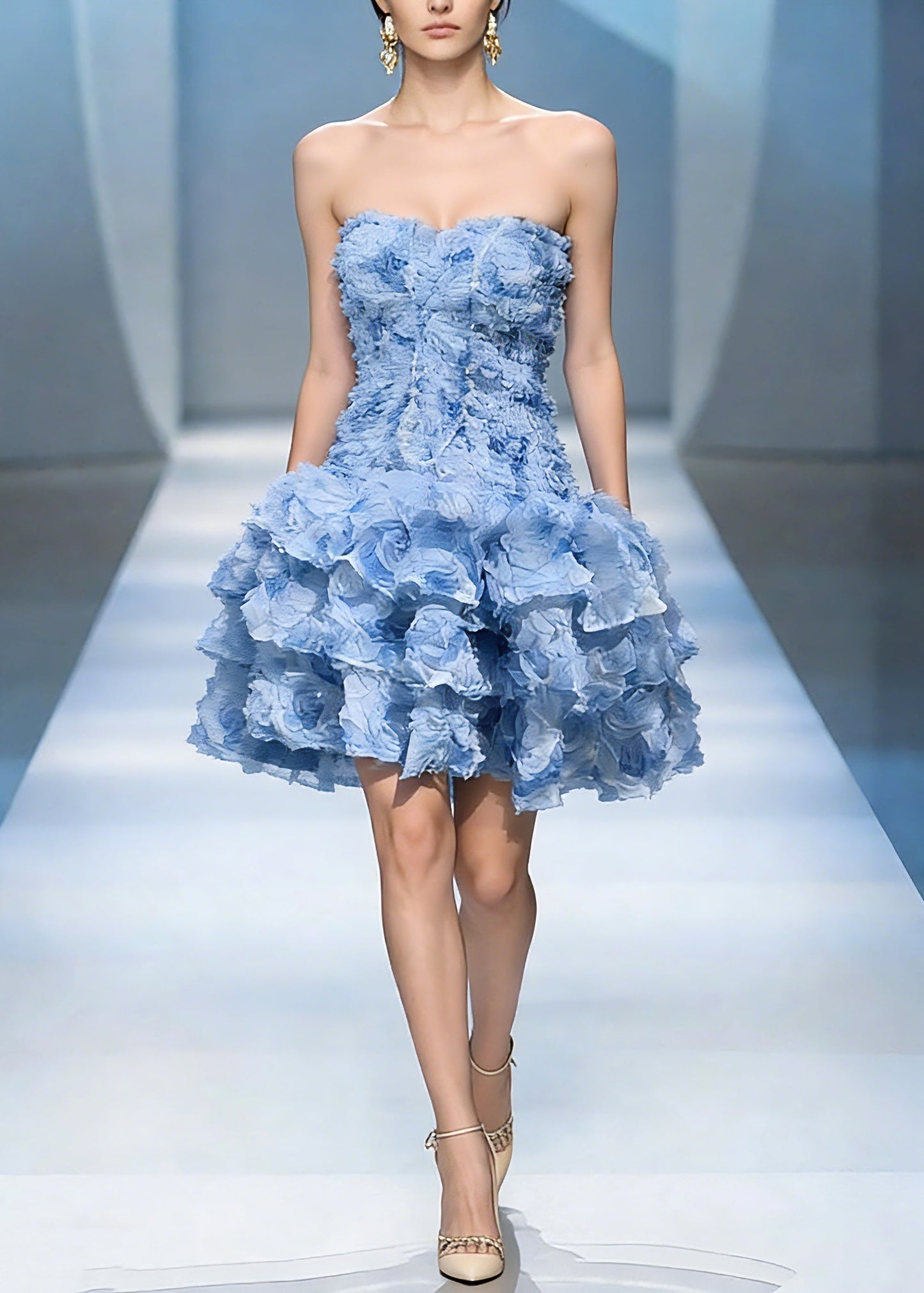 Classy Blue Cold Shoulder Tulle Mid Dress Summer