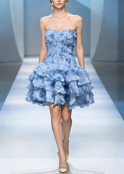 Classy Blue Cold Shoulder Tulle Mid Dress Summer