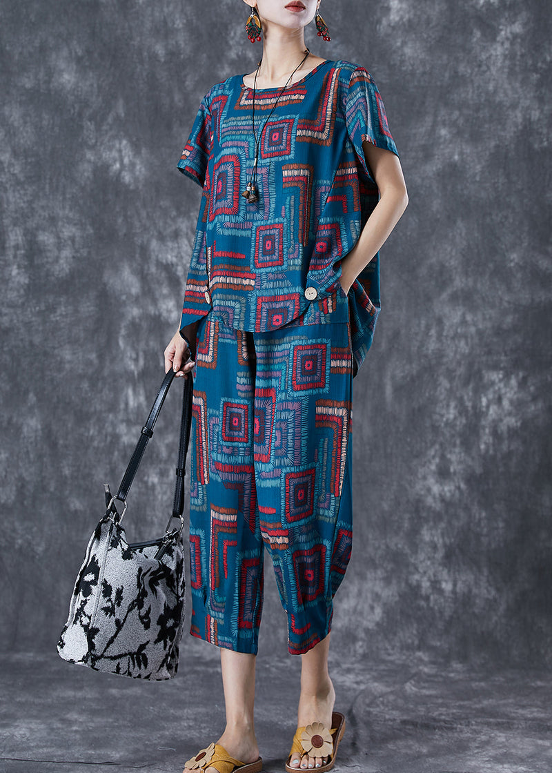 Classy Blue O-neck Print Linen Silk Sets 2 Pieces Summer
