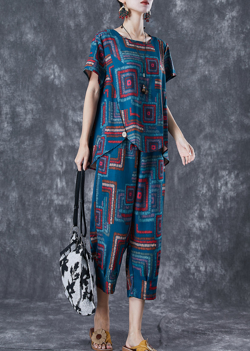 Classy Blue O-neck Print Linen Silk Sets 2 Pieces Summer