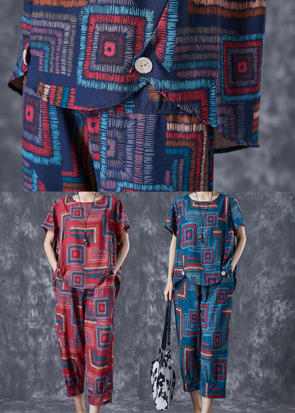 Classy Blue O-neck Print Linen Silk Sets 2 Pieces Summer