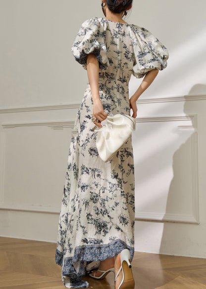 Classy Blue O-neck Print Long Dress Short Sleeve