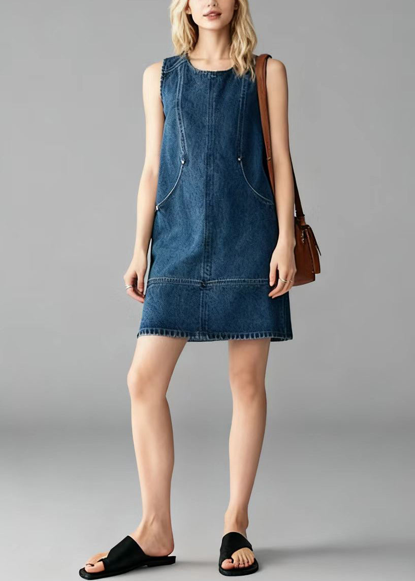Classy Blue O-neck Silm Fit Denim Mini Dress Sleeveless