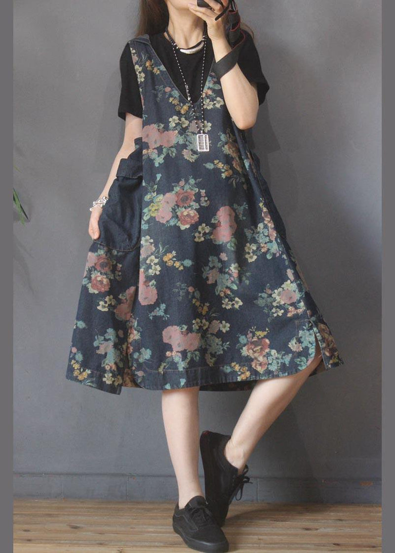 Classy Blue Print Green Cotton Side Open Summer Maxi Dresses