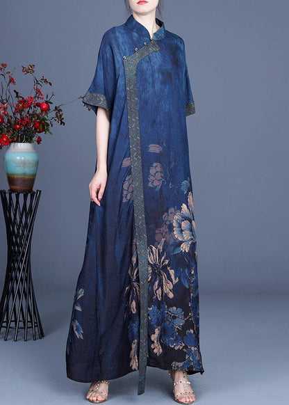 Classy Blue Print Patchwork Oriental Long Dress Summer