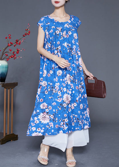 Classy Blue Print Wrinkled Cotton a Line Dresses Summer